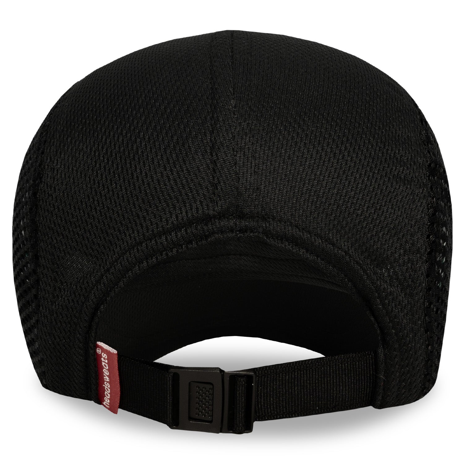 Black Mesh Running Hat back view with adjustable strap and ponytail opening.
