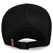 Black Mesh Running Hat back view with adjustable strap and ponytail opening.