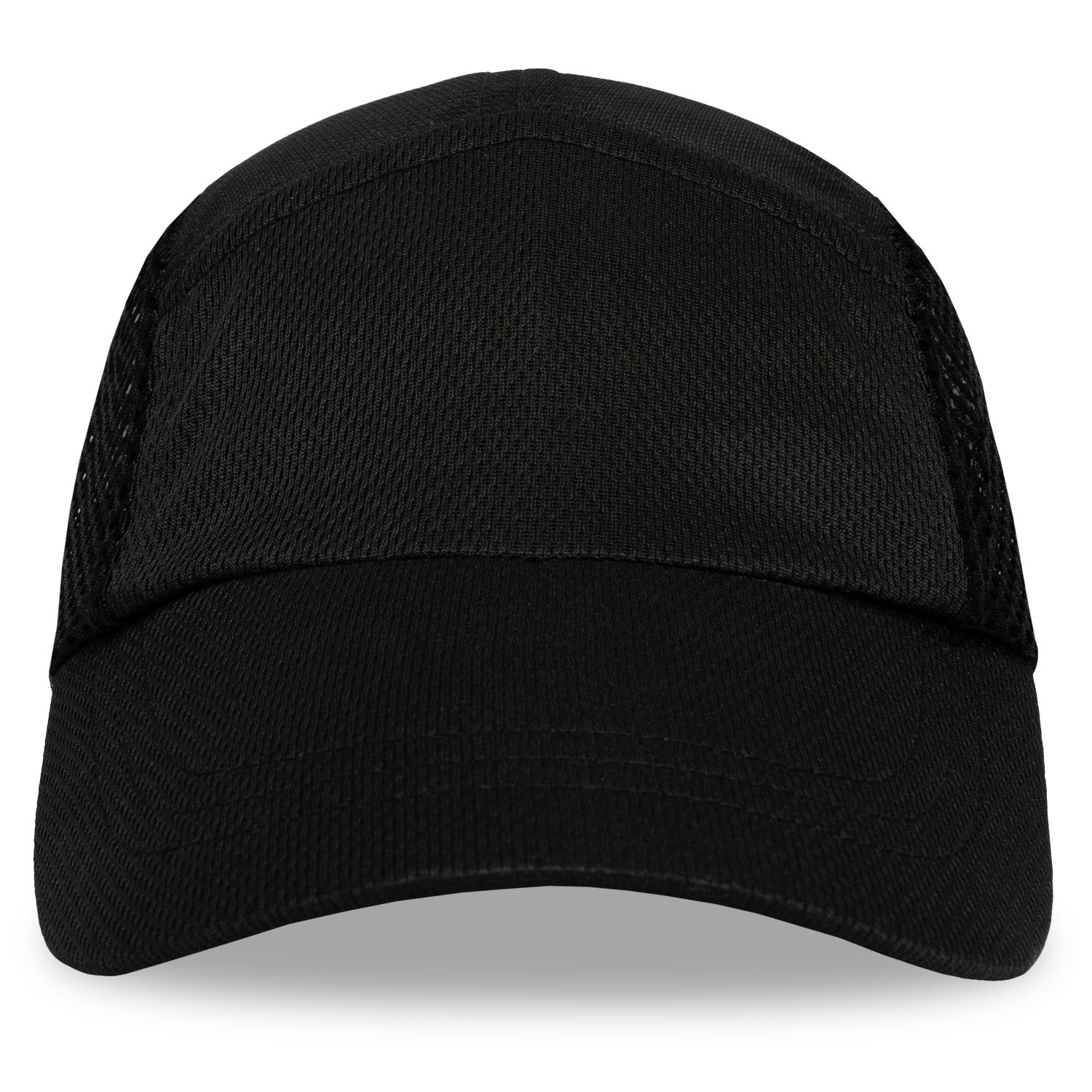 Black Mesh Running Hat front view with lightweight performance fabric.