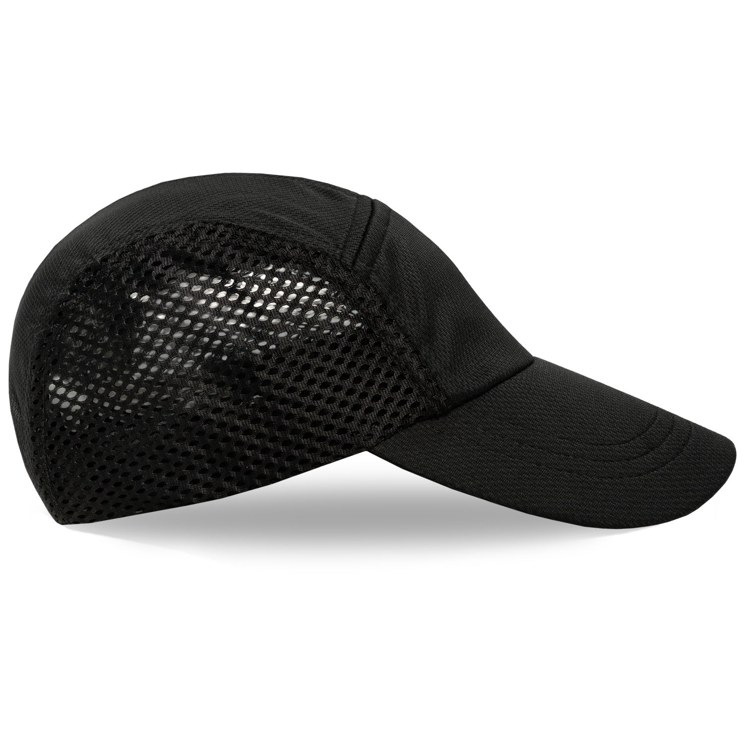 Black Mesh Running Hat side view left with breathable mesh panels.
