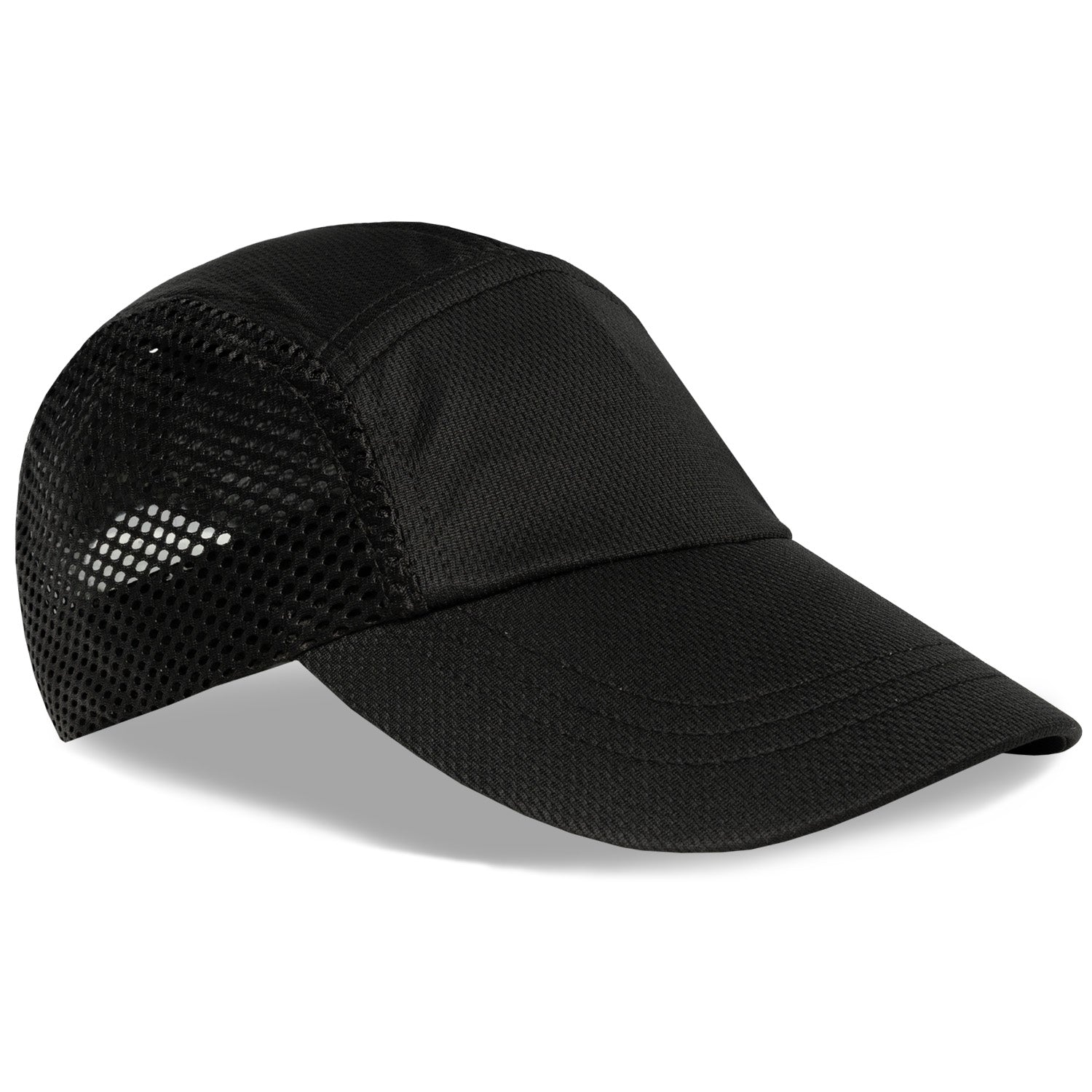 Black Mesh Running Hat angled front view with curved brim and mesh panels.