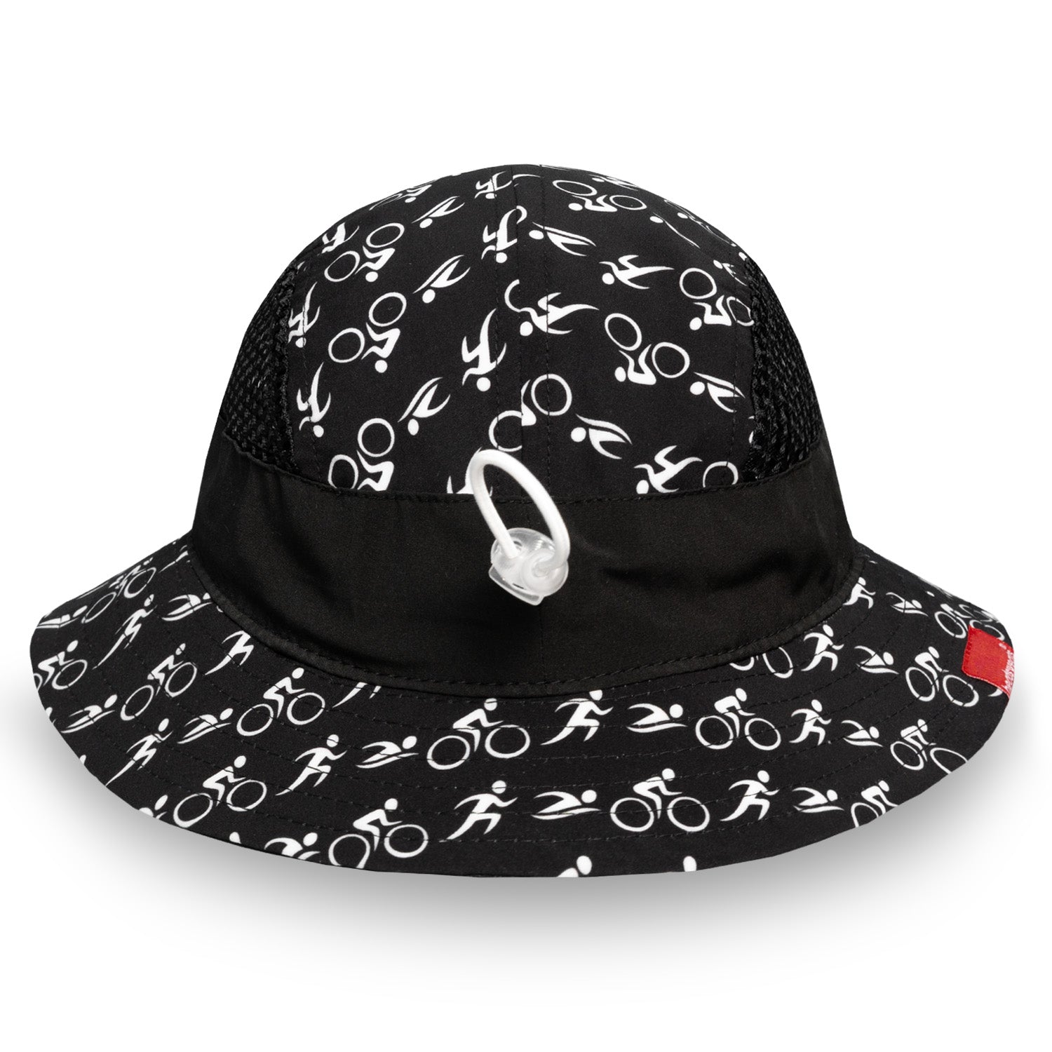 Black bucket hat with white pattern on a white background