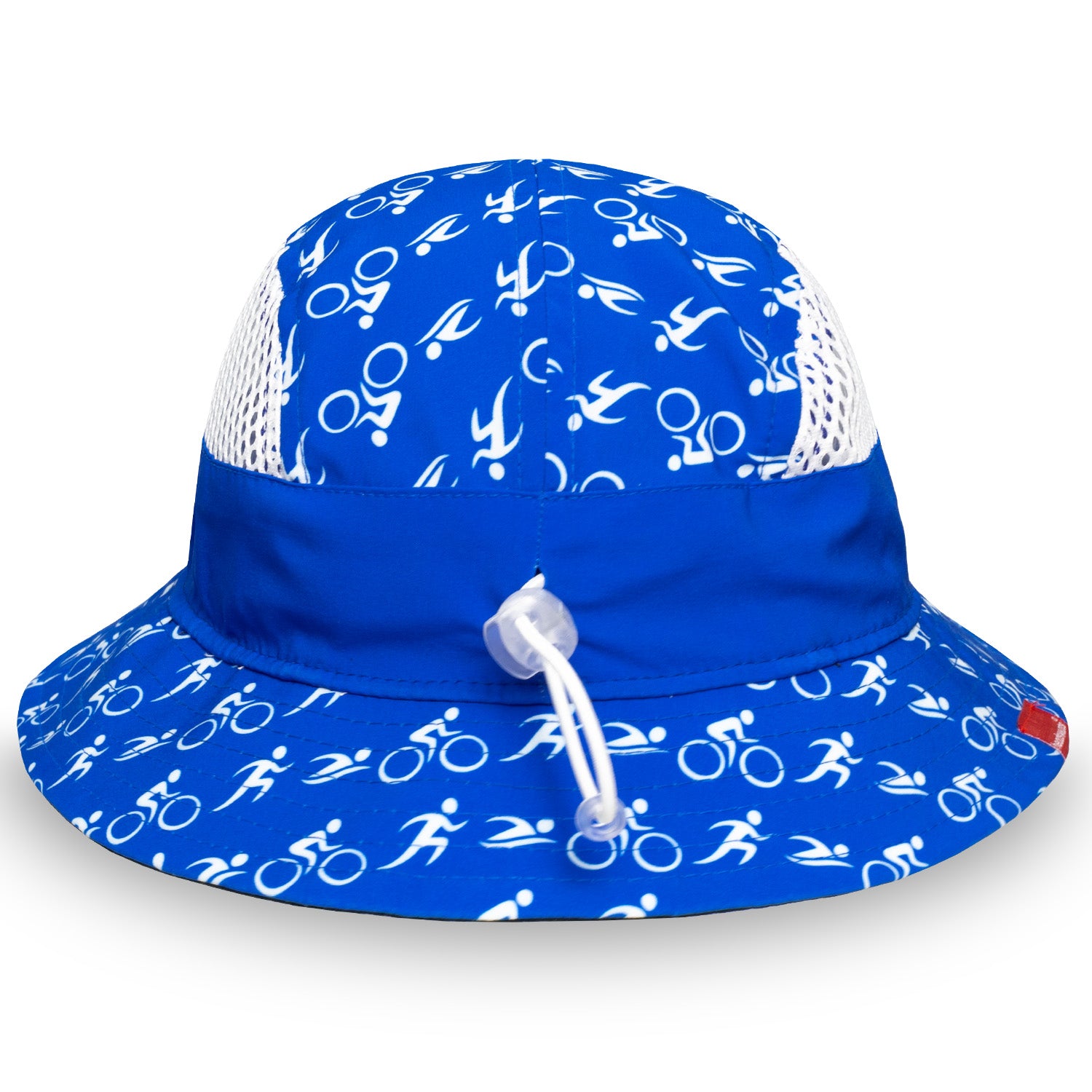 Blue bucket hat with white mesh back and cycling-themed pattern on a white background