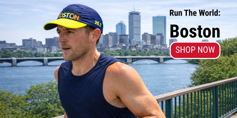 A man running and wearing the Boston running hat from Headsweats. Image Banner takes you to the Run The World Collection.