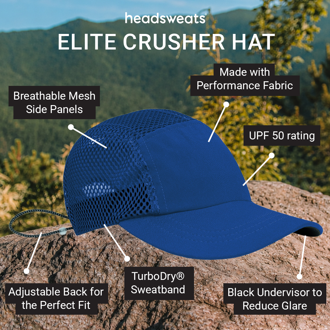 Blue mesh baseball cap shown outdoors on a rock with scenic mountains in the background, overlaid with feature callouts reading 'Breathable Mesh Side Panels,' 'Made with Performance Fabric,' 'UPF 50 rating,' 'Adjustable Back for the Perfect Fit,' 'TurboDry Sweatband,' and 'Black Undervisor to Reduce Glare.'.
