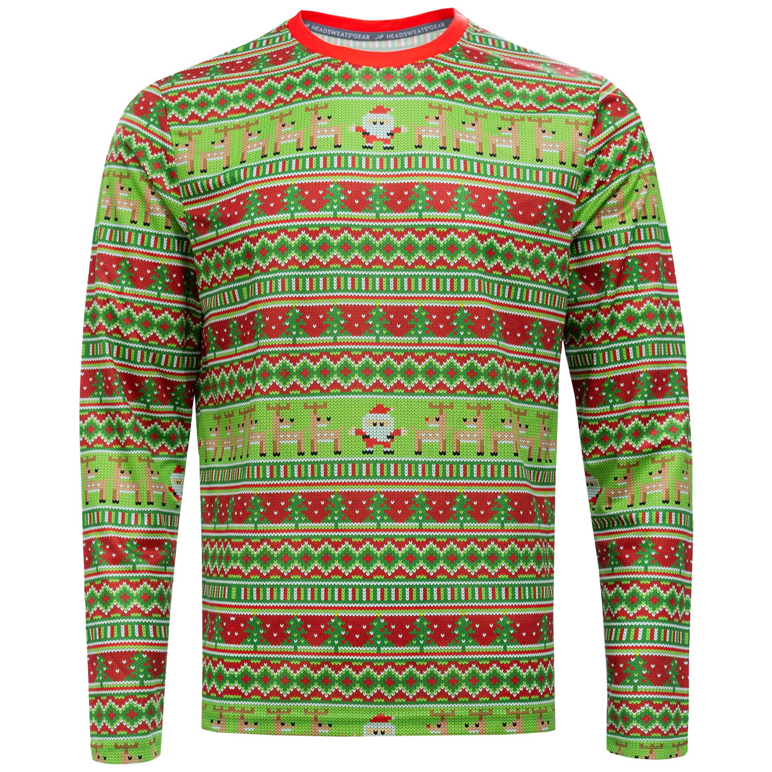 Christmas-themed sweater with reindeer and Santa Claus pattern on a white background