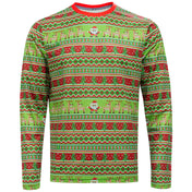 Christmas-themed sweater with reindeer and Santa Claus pattern on a white background