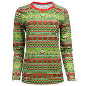 Christmas-themed long-sleeve shirt with green, red, and white pattern on a white background