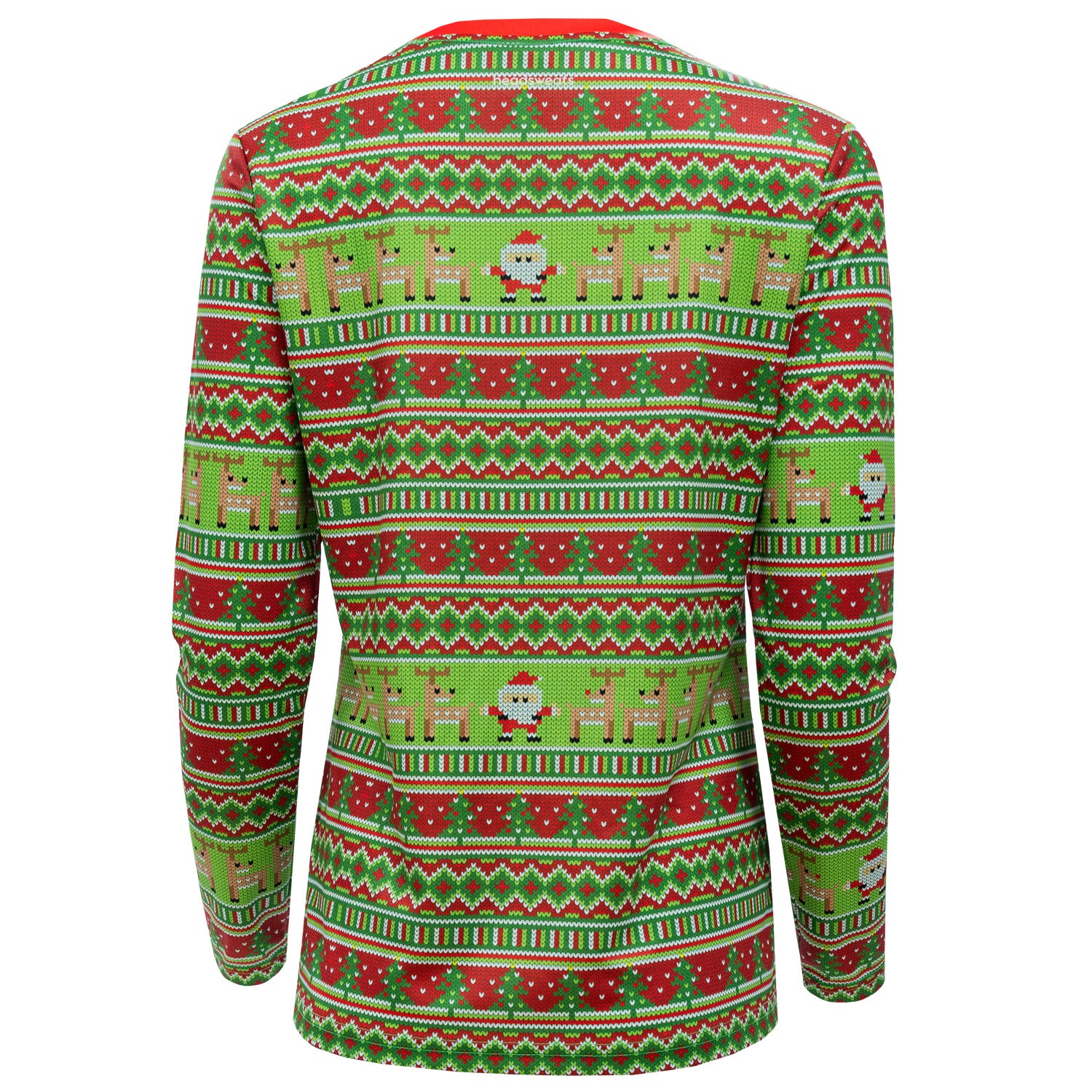 Christmas-themed sweater with reindeer, Santa Claus, and snowflakes on a white background
