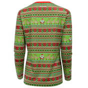 Christmas-themed sweater with reindeer, Santa Claus, and snowflakes on a white background