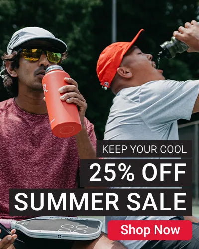 Two men outdoors drinking from insulated tumblers, with large promotional text reading 'KEEP YOUR COOL 25% OFF SUMMER SALE' and a red 'Shop Now' button overlaid on the image.