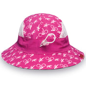 Pink bucket hat with tennis racket pattern on a white background