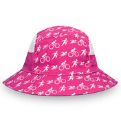 Pink bucket hat with white triathlon symbols on a white background