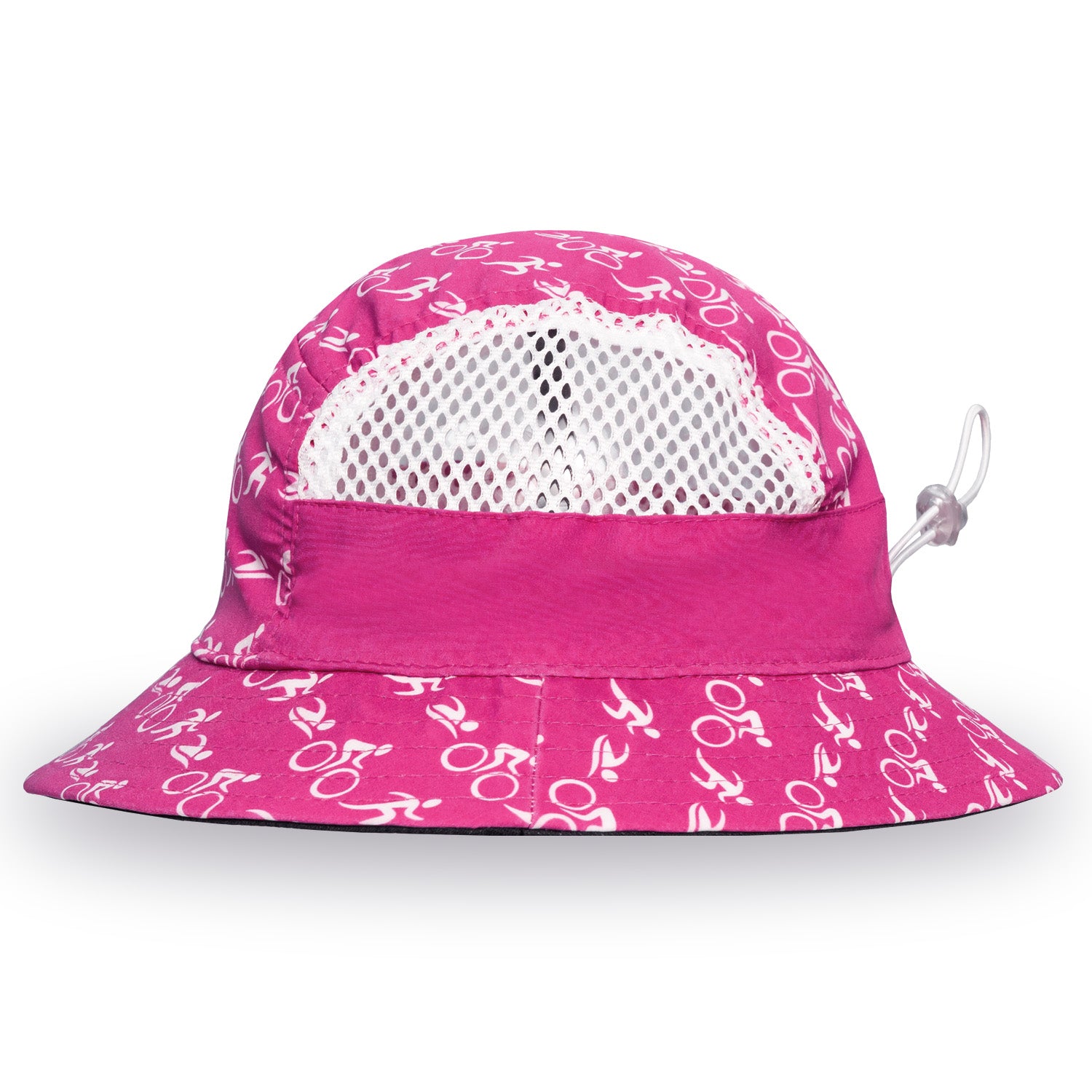 Pink bucket hat with white mesh and bicycle pattern on a white background