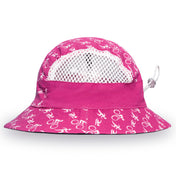 Pink bucket hat with white mesh and bicycle pattern on a white background