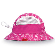 Pink bucket hat with white mesh and bicycle pattern on a white background
