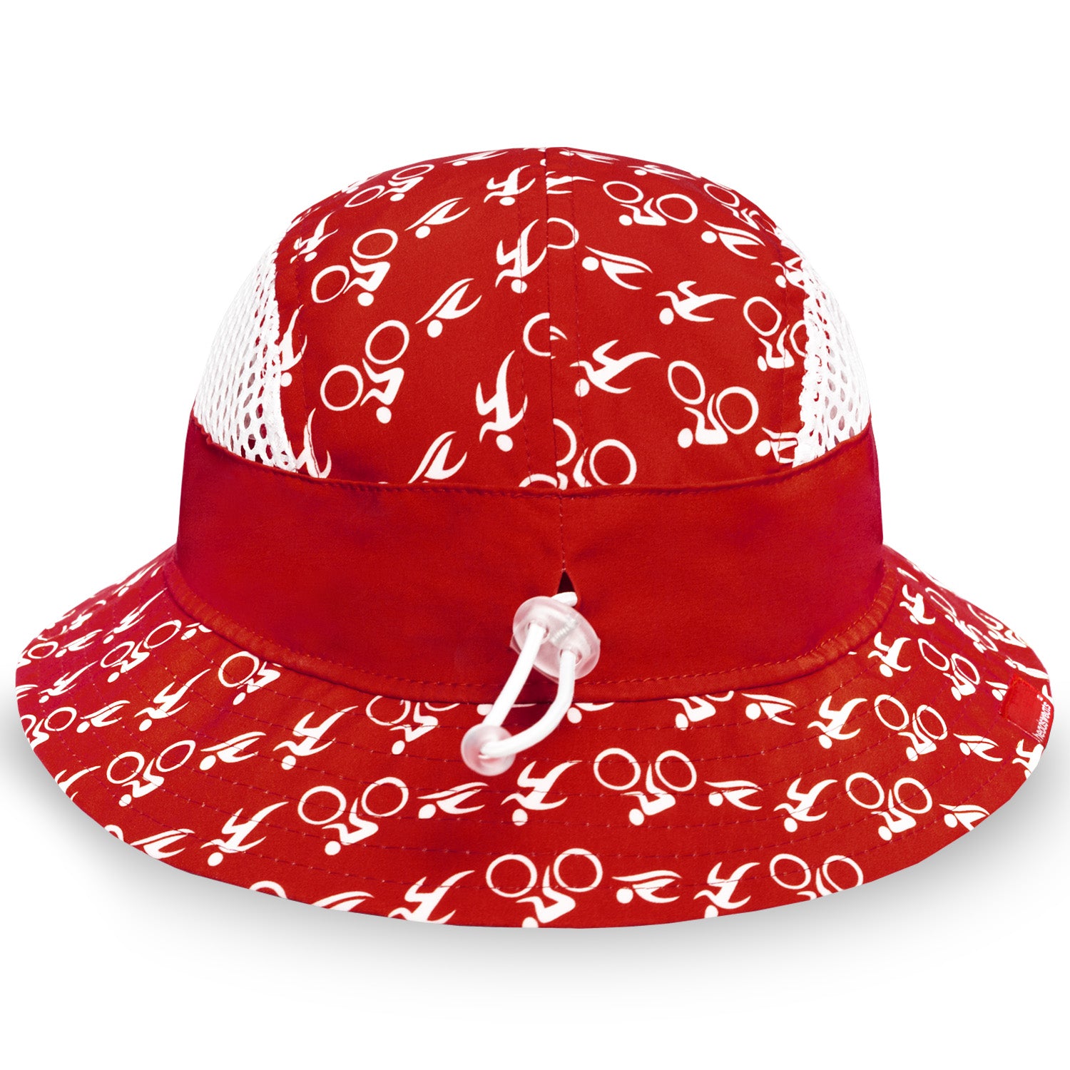 Red bucket hat with white pattern on a white background