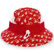 Red bucket hat with white pattern on a white background