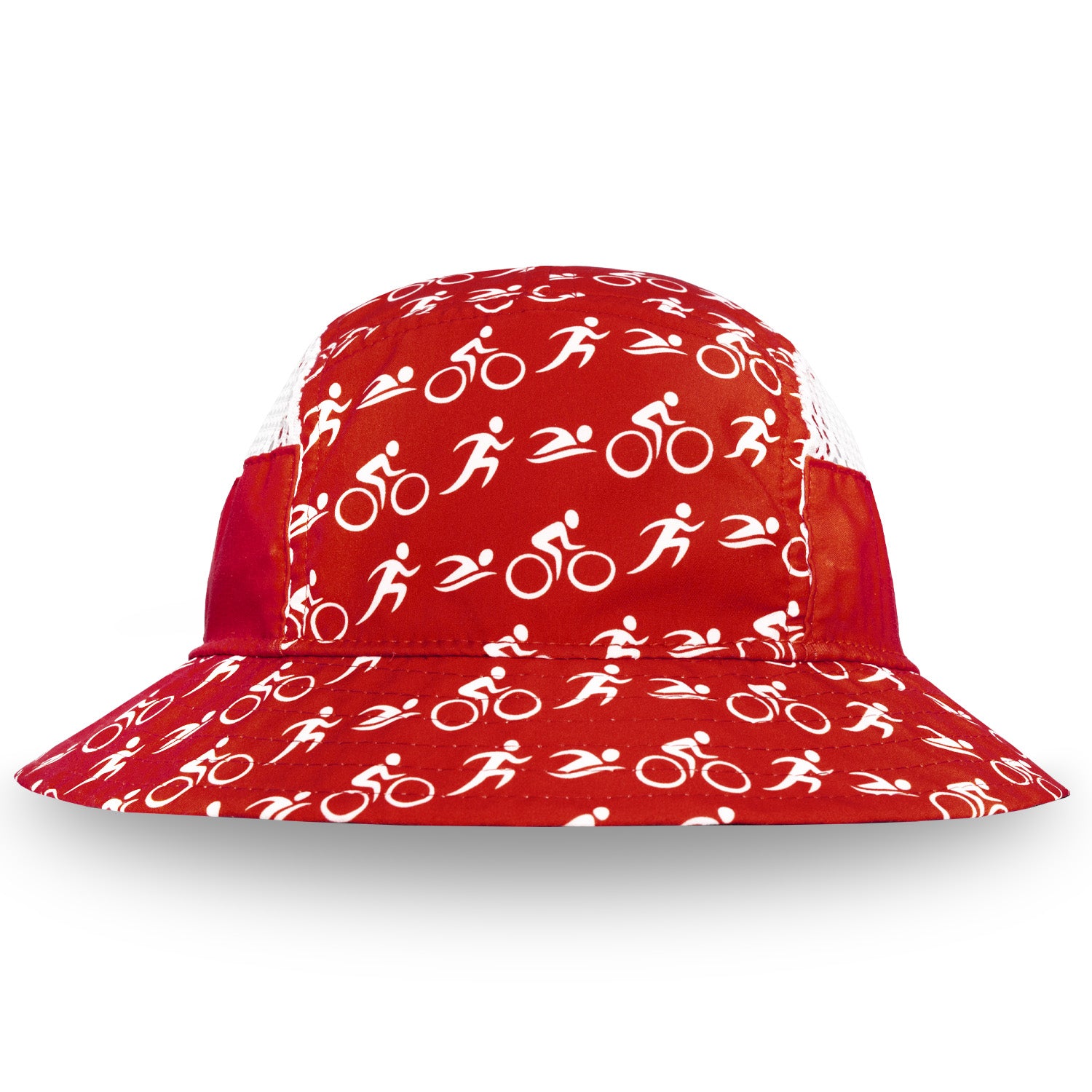 Red bucket hat with white graphic patterns on a white background