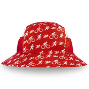 Red bucket hat with white graphic patterns on a white background