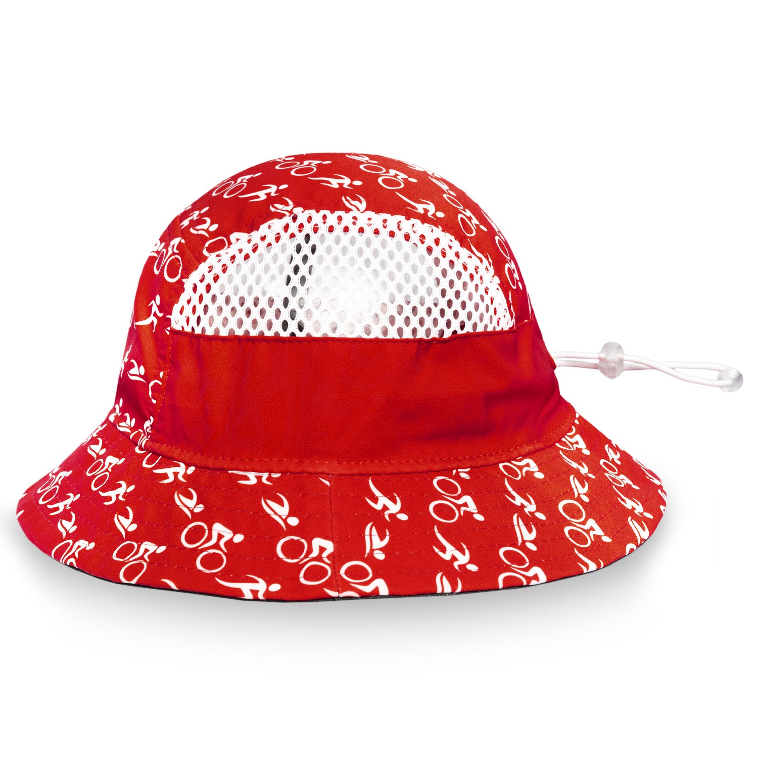Red bucket hat with bicycle pattern on a white background