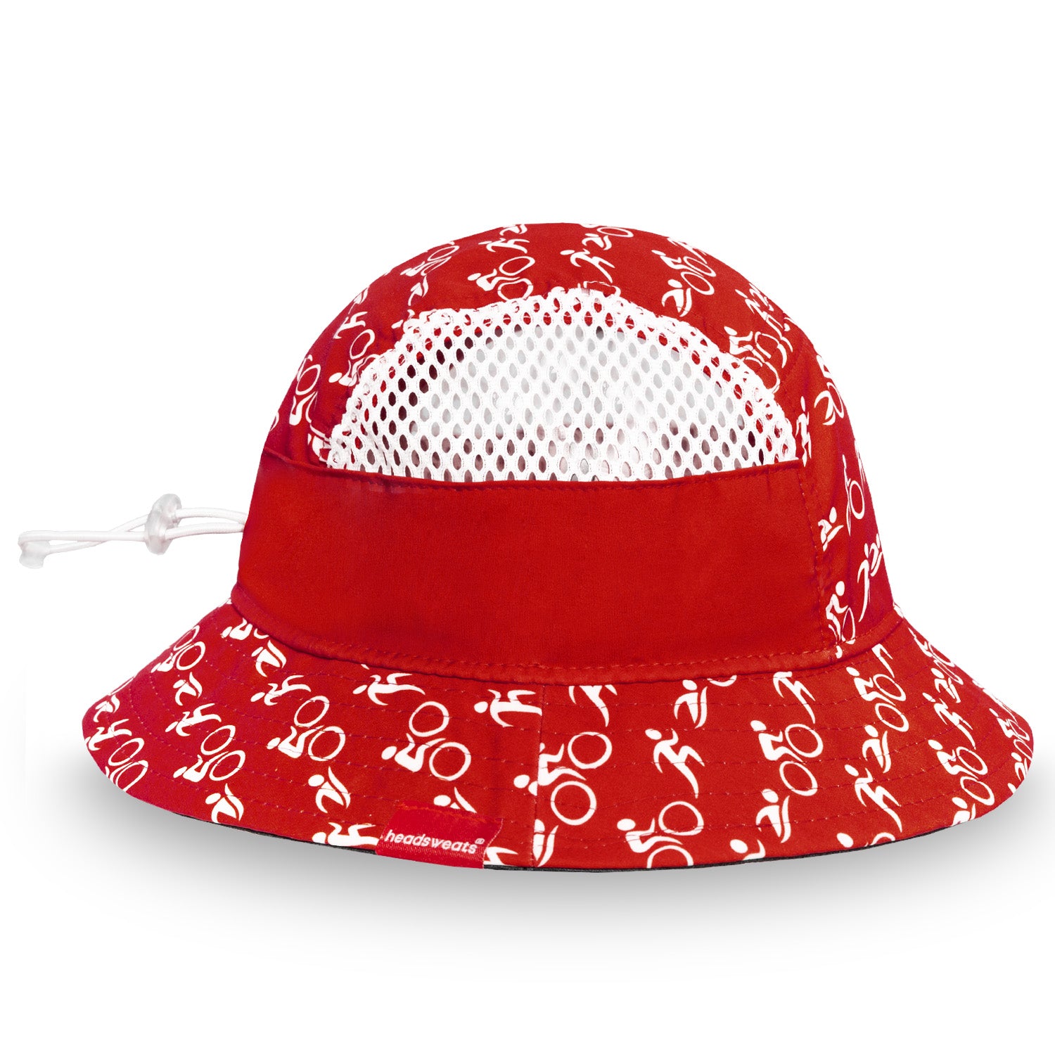 Red bucket hat with white pattern on a white background