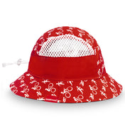 Red bucket hat with white pattern on a white background