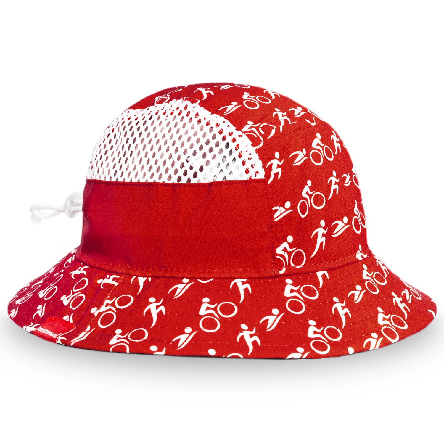 Headsweats Red Triathlon Bucket Hat with adjustable sizing, porthole mesh panels, and triathlon swim, bike, run icons