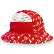Headsweats Red Triathlon Bucket Hat with adjustable sizing, porthole mesh panels, and triathlon swim, bike, run icons
