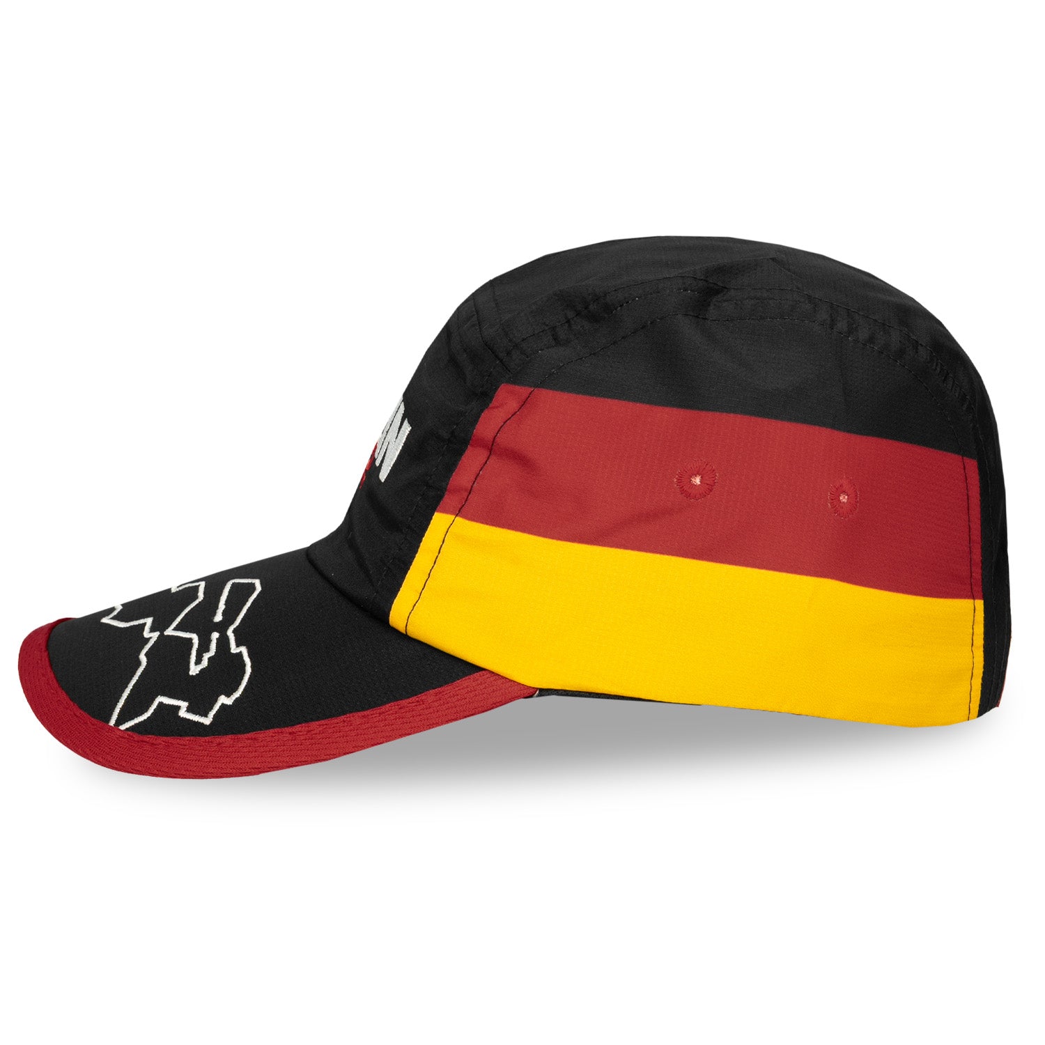Left side view of Headsweats Berlin performance running hat with German flag side panel