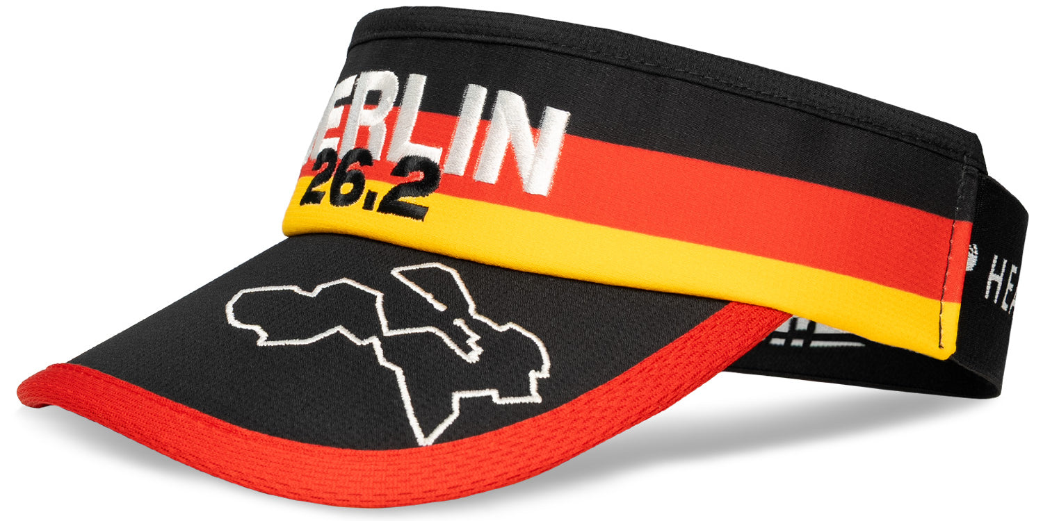 Headsweats Run The World Berlin running visor left front view with black, red, and yellow design