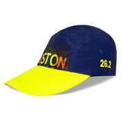 Angled front view of Headsweats Run The World Boston 2026 performance running hat with Boston skyline graphic
