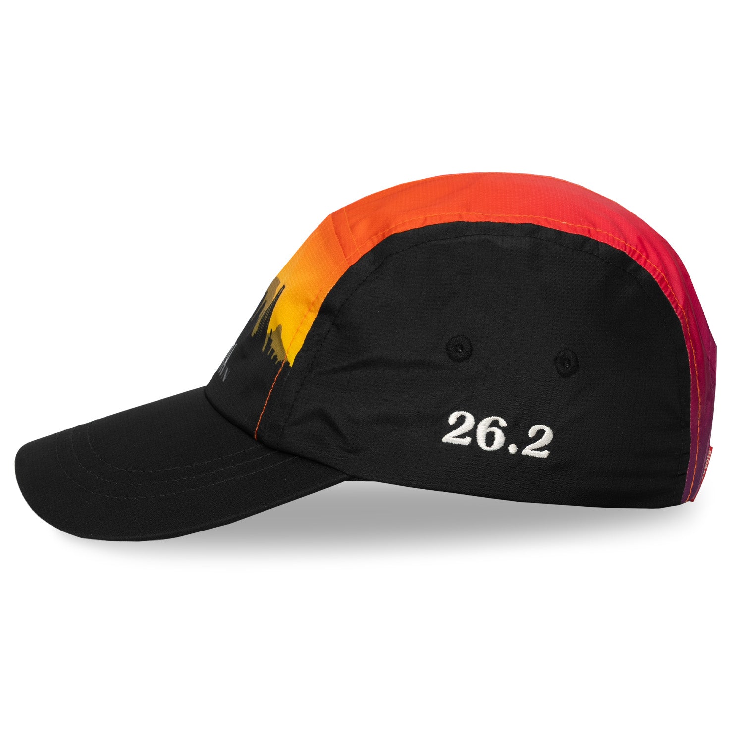 Left side view of Headsweats Cape Town race hat with embroidered 26.2 marathon detail