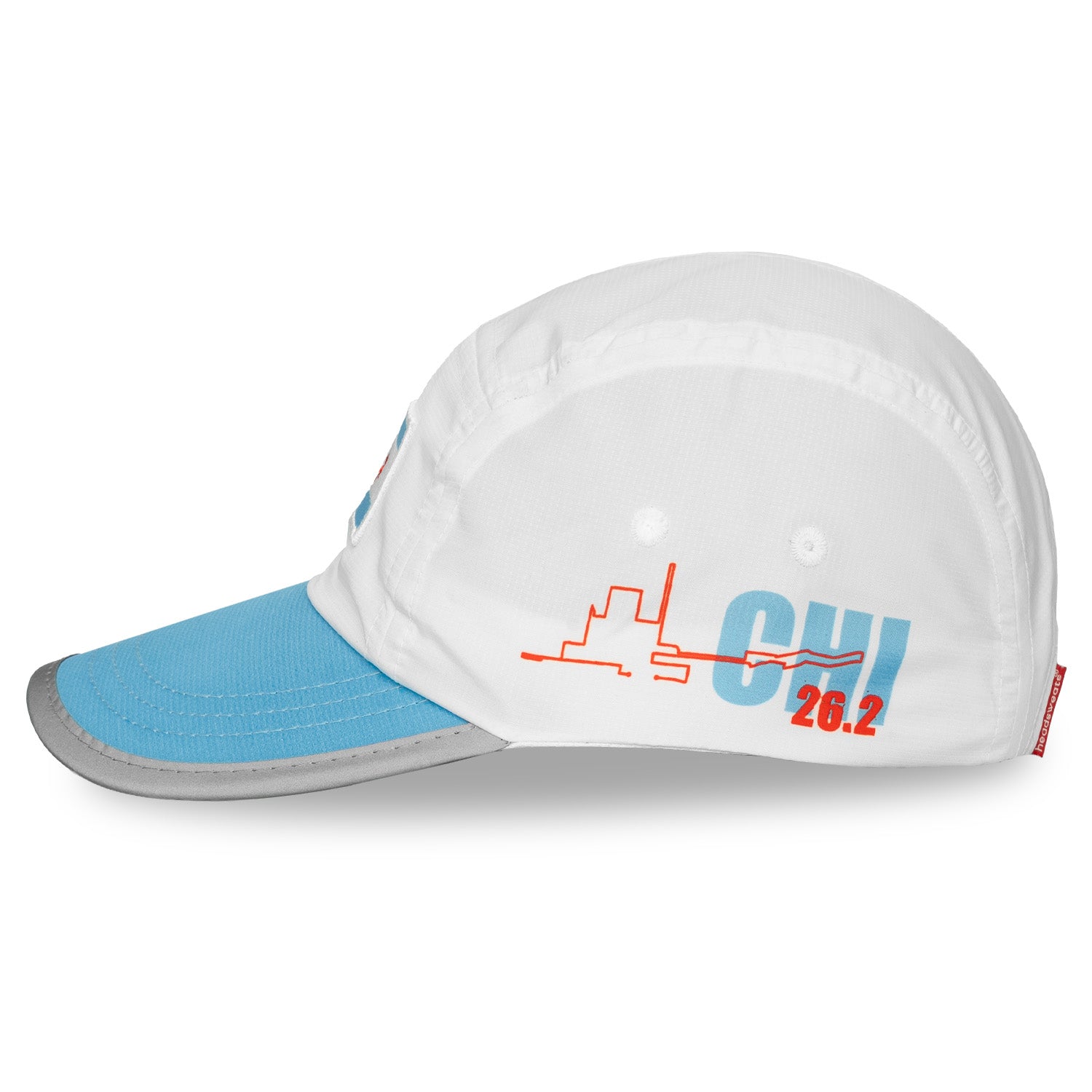 Left side view of Headsweats Chicago race hat with CHI skyline graphic and 26.2 detail