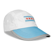 Angled front view of Headsweats Run The World Chicago 2026 performance running hat with Chicago flag patch