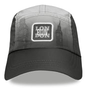 Front view of Run The World London 2026 performance running hat with London-inspired design