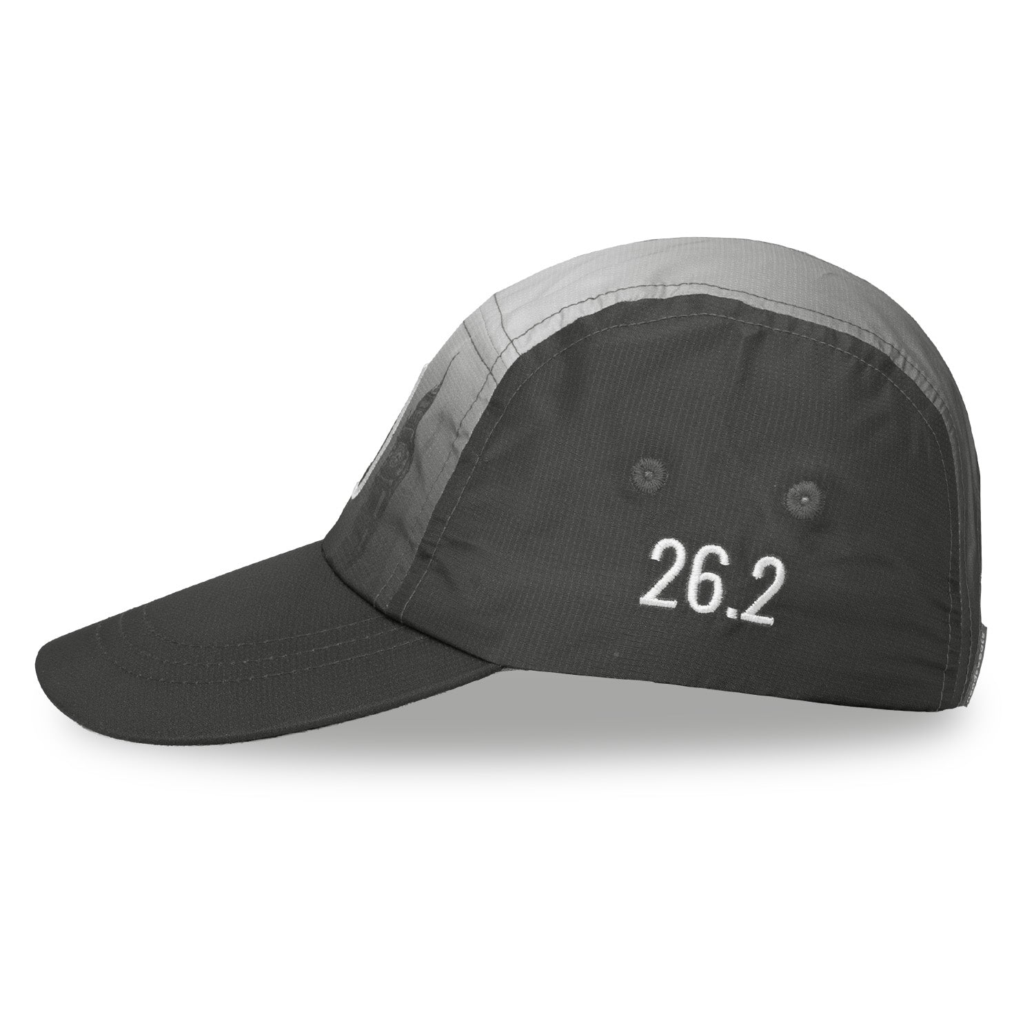 Left side view of Headsweats London race hat with embroidered 26.2 marathon detail