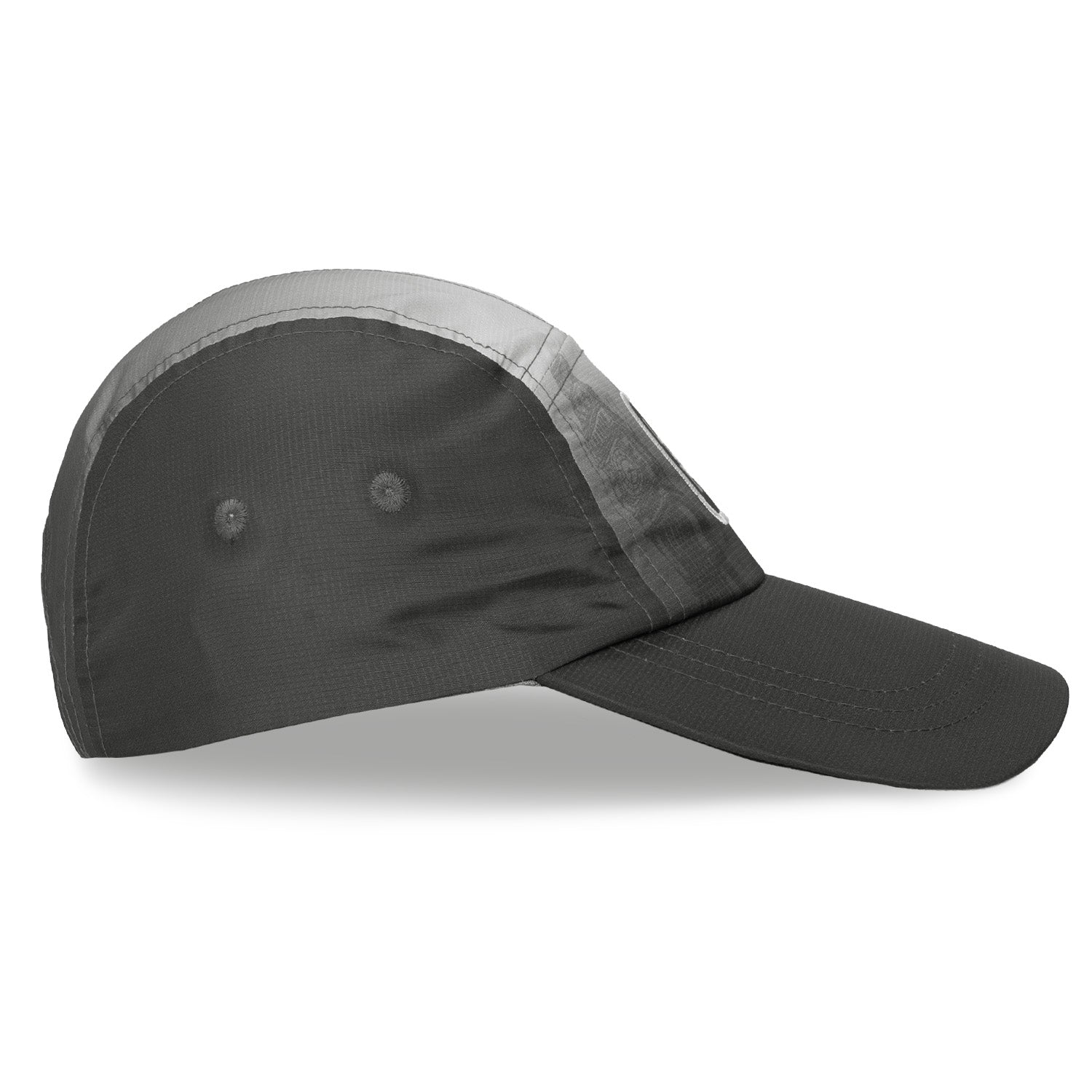 Right side view of lightweight Headsweats London performance running hat in grey and black