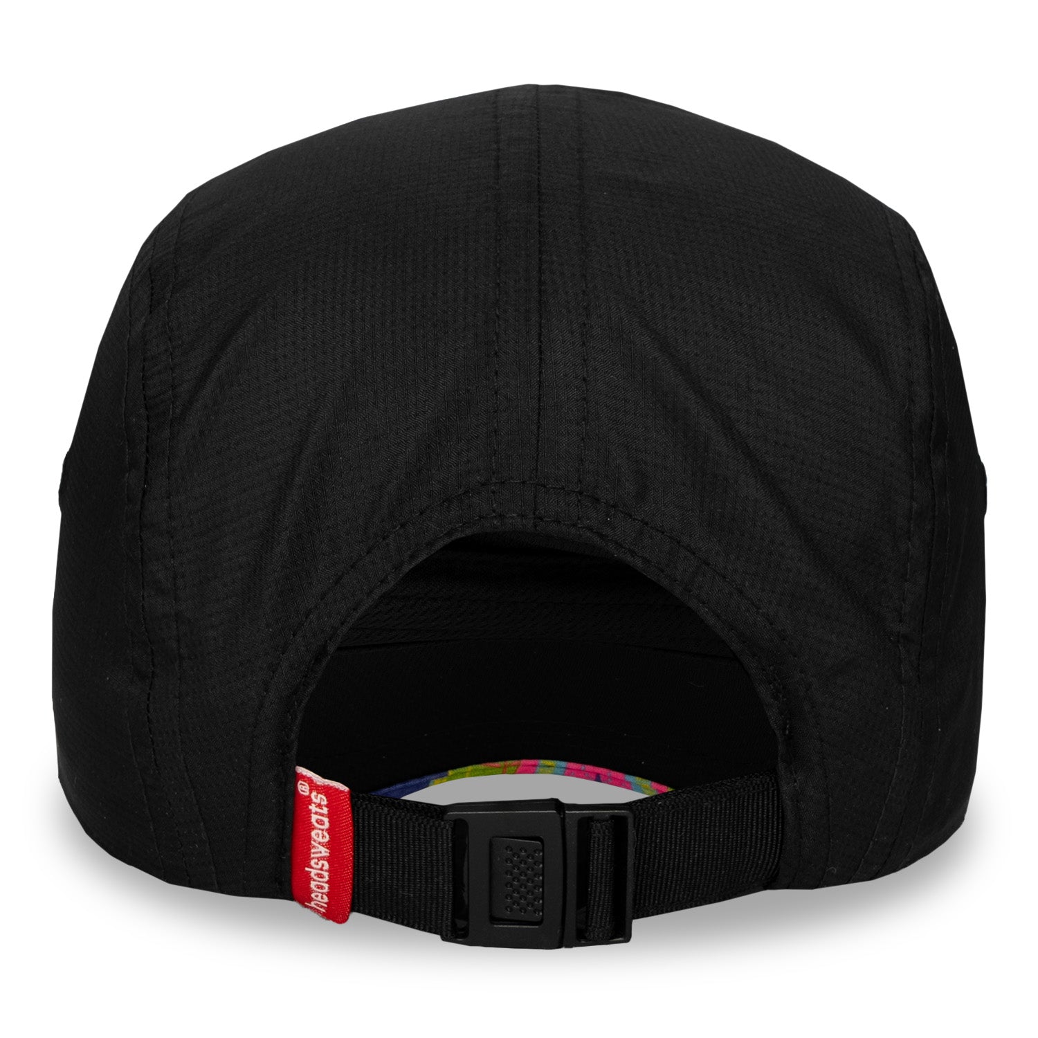 Back view of Headsweats New York running hat with adjustable buckle and ponytail opening