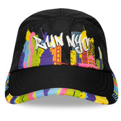 Front view of Run The World New York 2026 performance running hat with colorful city-inspired design