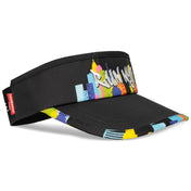 Black visor with colorful cityscape design on a white background