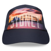 Front view of Run The World Sydney 2026 performance running hat with Harbour Bridge and Opera House artwork