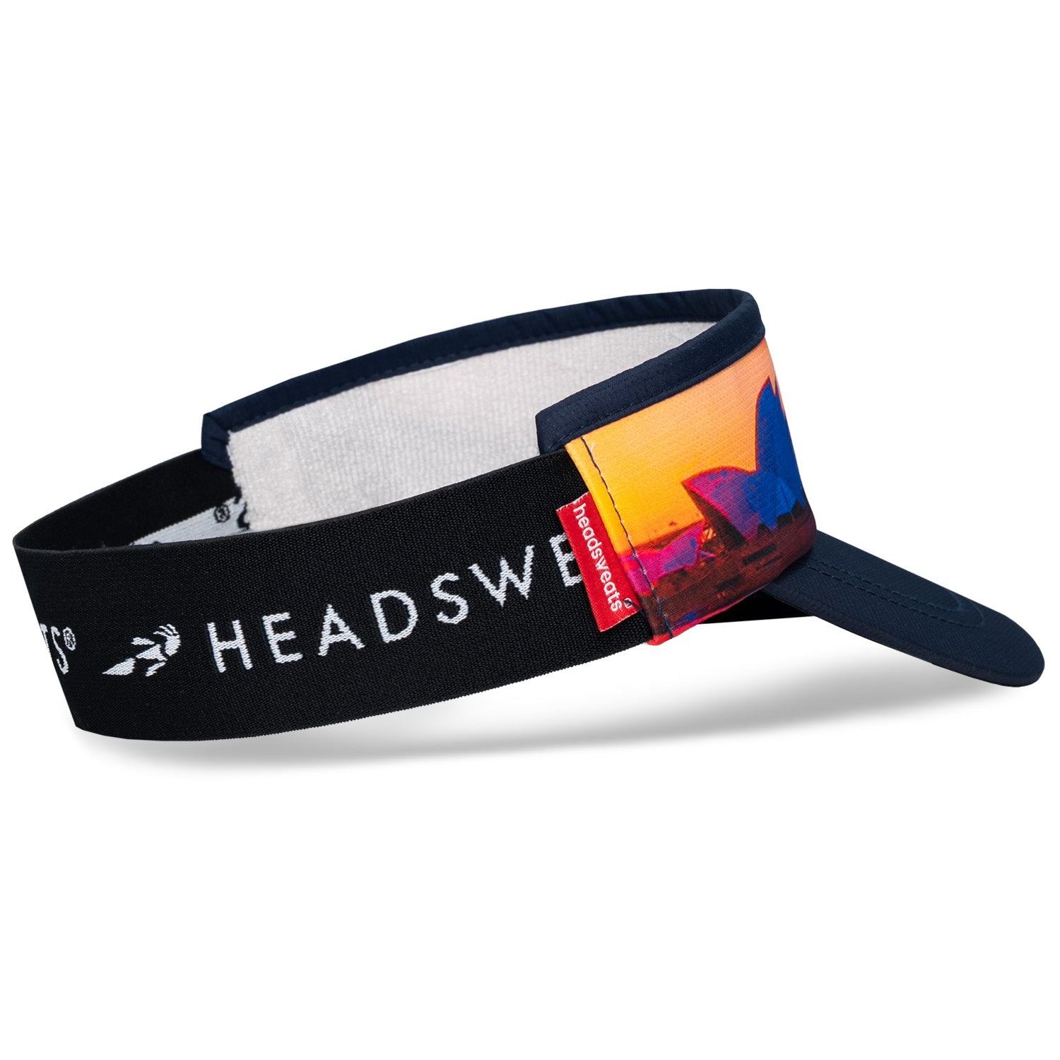 Headsweats Run The World Sydney running visor right back view showing interior sweatband and city detail
