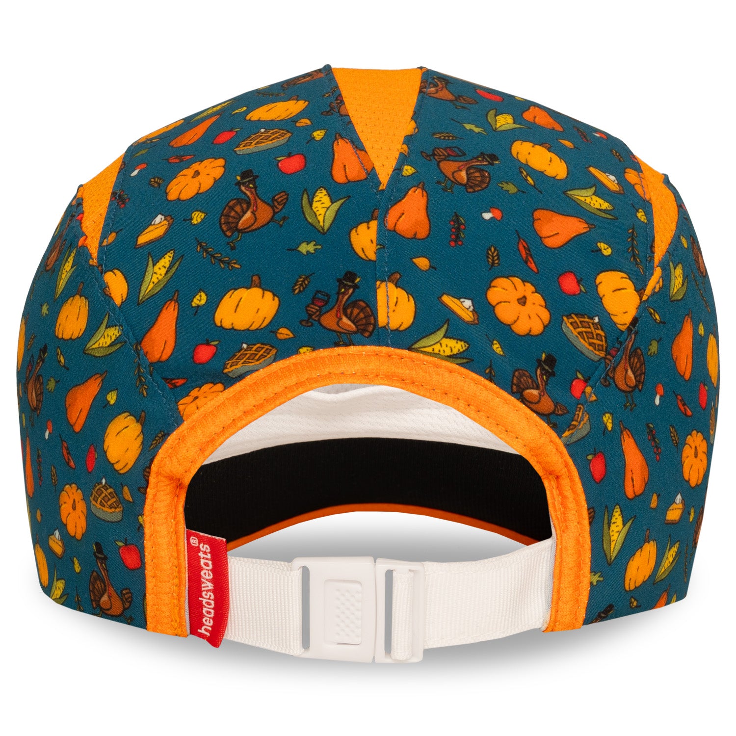 Back view of the Headsweats Turkey Trot Limited Edition Go Hat showing adjustable white strap and orange detailing.