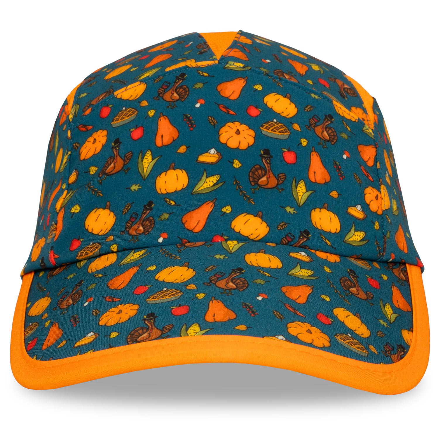 Front view of the Headsweats Turkey Trot Limited Edition Go Hat featuring teal background and Thanksgiving print with turkeys, pumpkins, and pies.