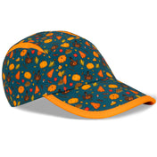 Right front angle of the Headsweats Turkey Trot Limited Edition Go Hat highlighting orange brim trim and festive fall pattern.
