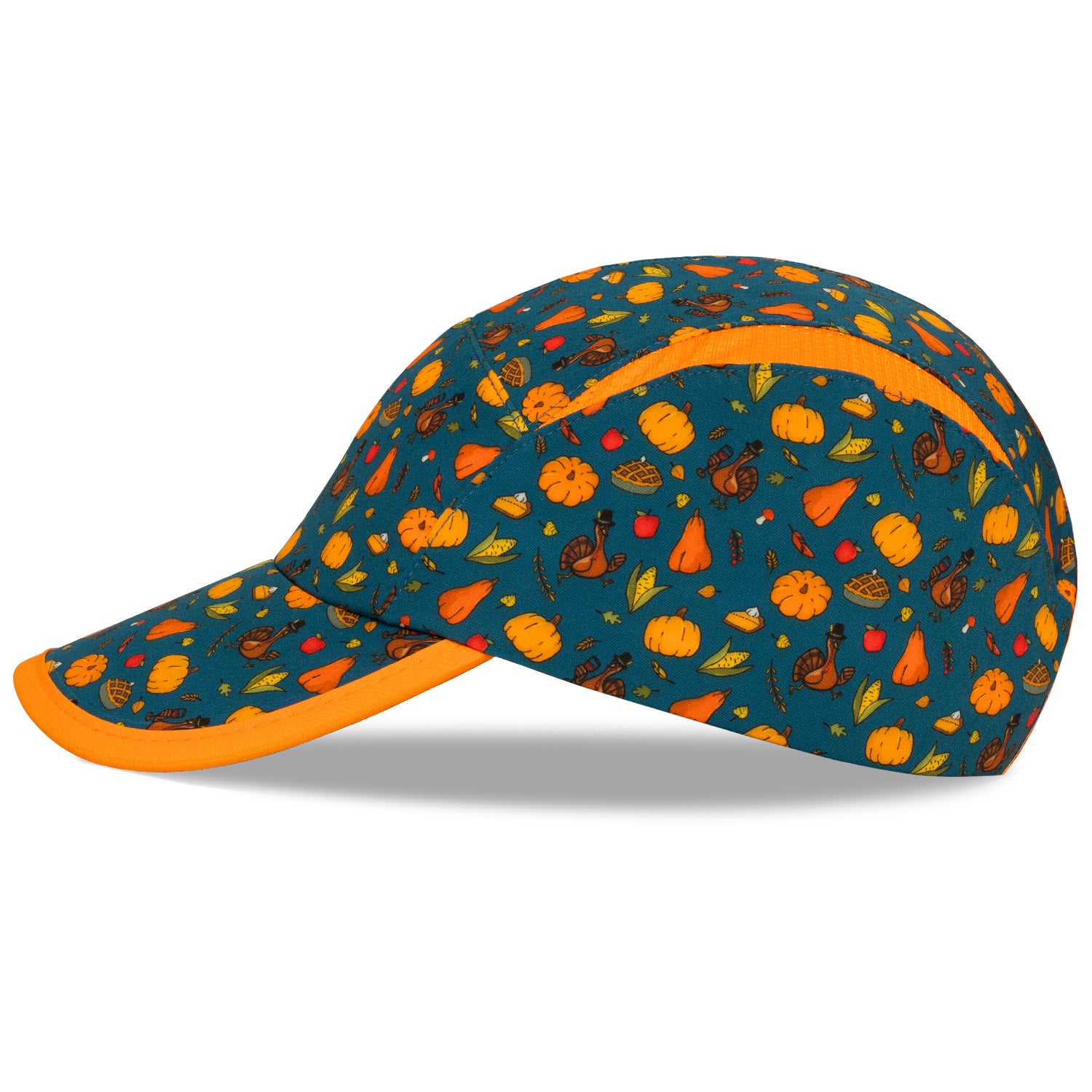 Left side view of the Headsweats Turkey Trot Limited Edition Go Hat with fall-themed print and orange trim.