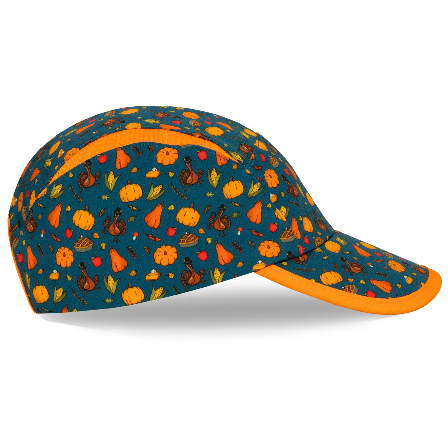 Right side view of the Headsweats Turkey Trot Limited Edition Go Hat with autumn harvest print and contrast orange piping.
