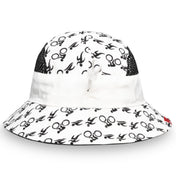 White bucket hat with black pattern on a white background