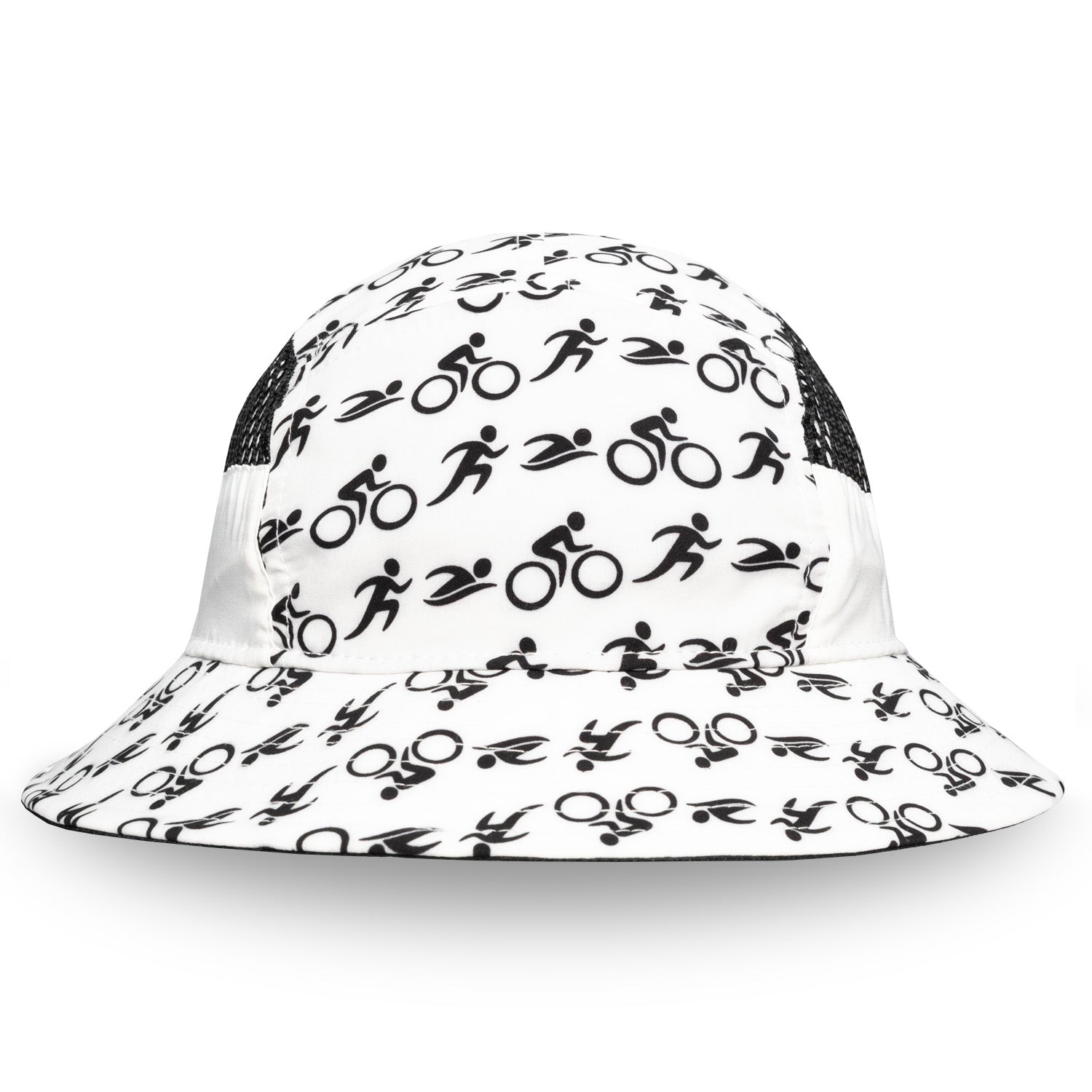 White bucket hat with black graphic patterns on a white background